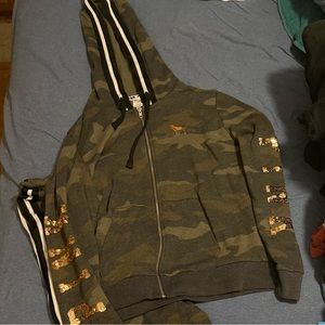 Camo VS pink with gold sequins jacket and jogging pants